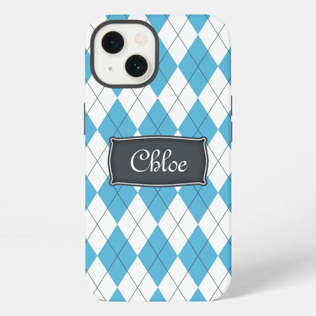 Coque iPhone Étui pour iPhone 13 au nom Argyle Bleu Blanc Gris (Verso)