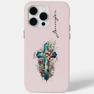 Coque iPhone 15 Pro Max Étui pour iPhone 15 Croix Chrétienne Florale