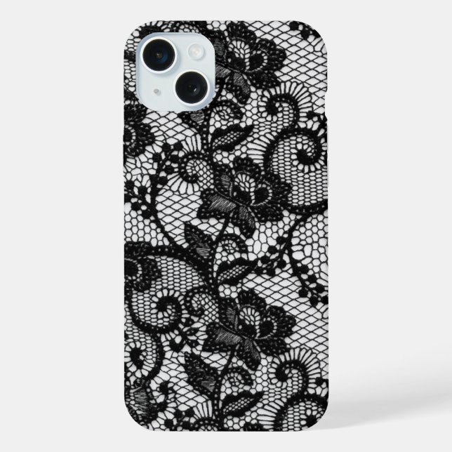 Coque iPhone Étui pour iPhone 15 Plus à fleurs en dentelle noir (Verso)