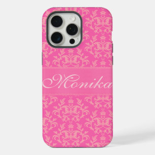 Coque iPhone 15 Pro Max Étui pour iPhone à motif rose nom en damas