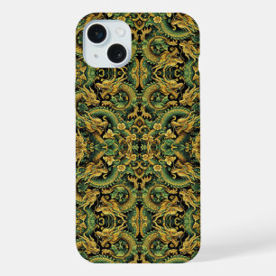 Coque iPhone 15 Plus Étui pour iPhone en bois avec batik jaune vert or