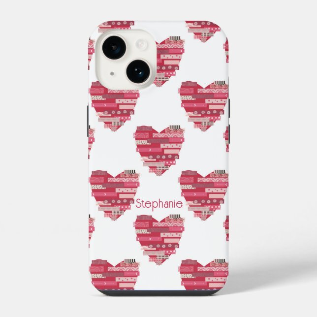 Coque iPhone Étui pour téléphone à coeurs patchwork rose (Verso)