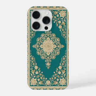 Coque iPhone 15 Pro Étui pour téléphone à tapis persan turquoise avec