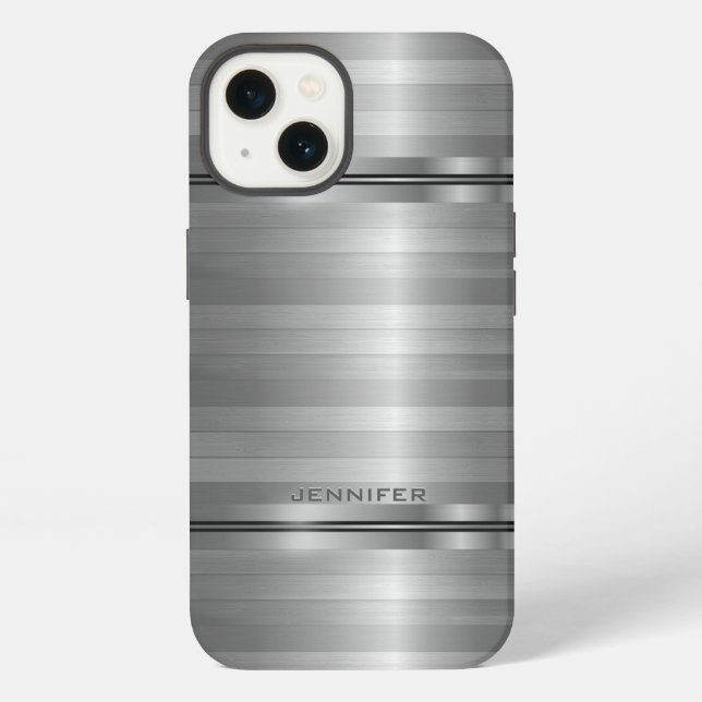 Coque iPhone Étui Rayures Argent Métallisé Monogrammé (Verso)