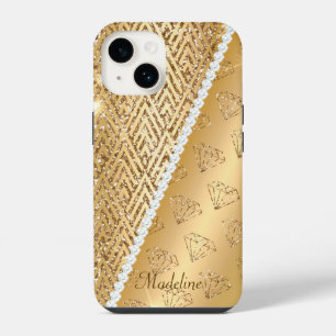 Coque Pour iPhone 14 Étui robuste pour iPhone 14 en faux or et diamants