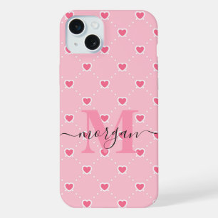 Coque iPhone 15 Plus Étui rose personnalisé en forme de cœur avec initi