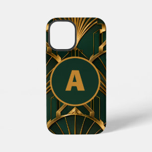 Coque iPhone 12 Mini Étuiphone Art Déco émeraude vert or monogramme