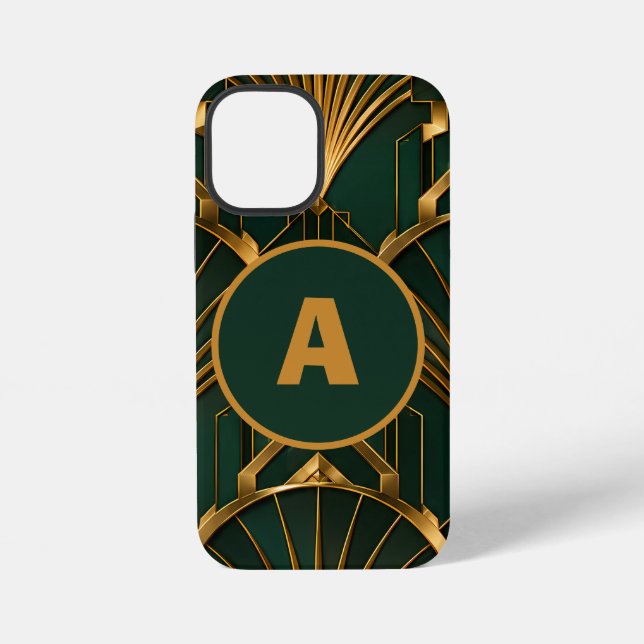 Coque iPhone Étuiphone Art Déco émeraude vert or monogramme (Verso)