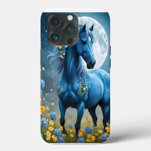 Etui iPhone 13 Pro Fantaisie bleue Cheval magique Fleurs de lune,