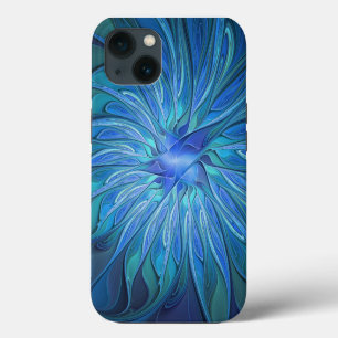Etui iPhone 13 Fantaisie de fleurs bleues, art fractal abstrait