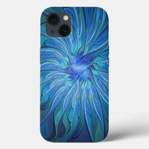 Etui iPhone 13 Fantaisie de fleurs bleues, art fractal abstrait