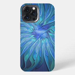 Etui iPhone 13 Pro Max Fantaisie de fleurs bleues, art fractal abstrait