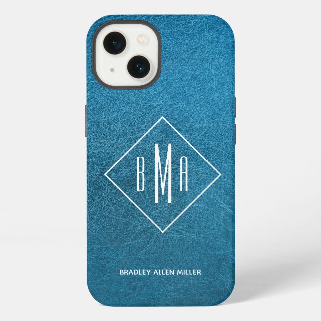 Coque iPhone Faux cuir bleu Monogramme (Verso)