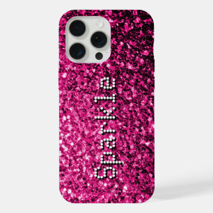 Coque iPhone 15 Pro Max Faux éclats rose chaud scintille Votre texte
