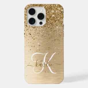 Coque iPhone 15 Pro Max Faux Or Métal Brossé Paillettes Monogramme Nom