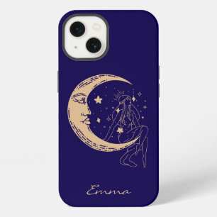 Etui iPhone 13 Femme céleste lune & étoiles,boho,élégant or