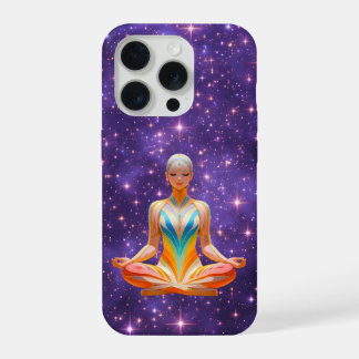 Coque iPhone 15 Pro Femme méditative et ciel étoilé violet