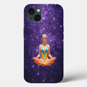 Etui iPhone 13 Femme méditative et ciel pourpre étoilé