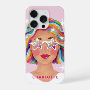 Coque iPhone 15 Pro Femme Mignonne Illustrée Arc-en-ciel Personnalisé