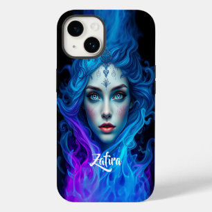 Coque Pour iPhone 14 Femme mystérieuse émergeant de flammes bleues et v