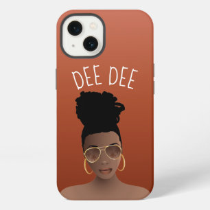 Etui iPhone 13 Femme noire, lunettes dorées et chignon haut, brun