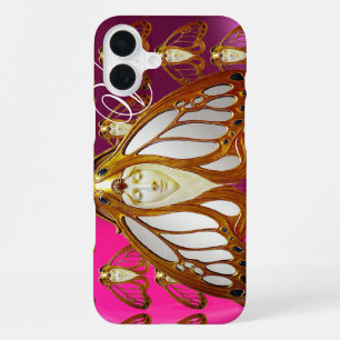 COQUE iPhone 16 PLUS FEMME PAPILLON ART NOUVEAU MONOGRAMME GEMME ROSE V