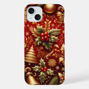 COQUE iPhone 15 PLUS FESTIVE ROUGE & ARBRES DE NOËL OR HOLLY