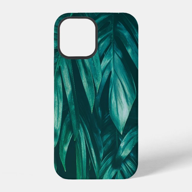 Coque iPhone Feuillage de jungle tropical vert foncé. (Verso)