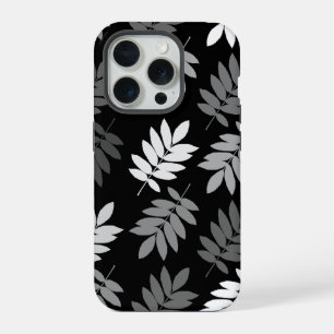 Coque iPhone 15 Pro Feuille aîné grand motif noir blanc gris
