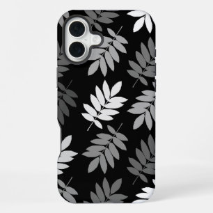 Coque iPhone 16 Plus Feuille aînée grand motif noir blanc gris