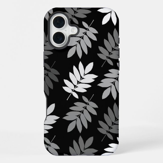 Coque iPhone Feuille aînée grand motif noir blanc gris (Verso)
