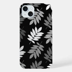 Coque iPhone 15 Plus Feuille aînée grand motif noir blanc gris