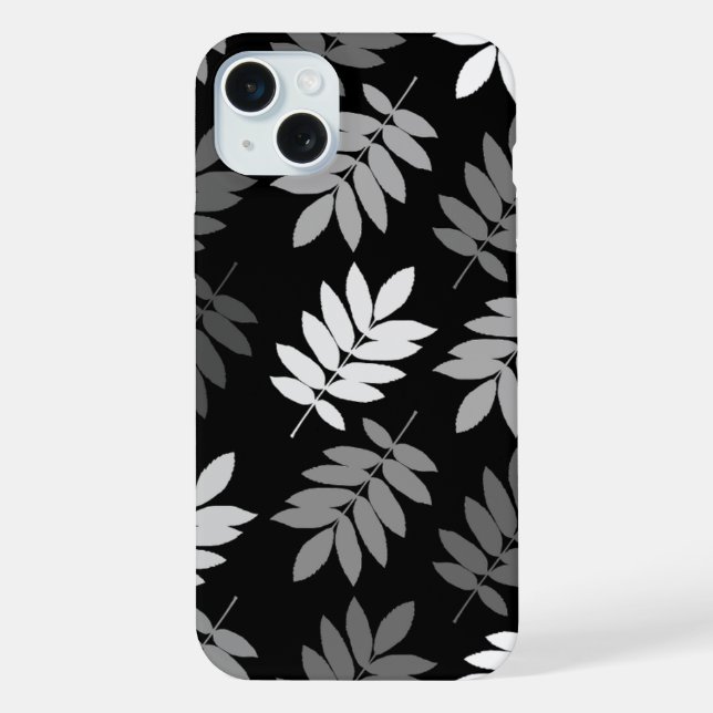 Coque iPhone Feuille aînée grand motif noir blanc gris (Verso)