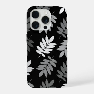 Coque iPhone 15 Pro Feuille aînée grand motif noir blanc gris