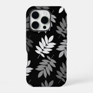 Coque iPhone 16 Pro Feuille aînée grand motif noir blanc gris
