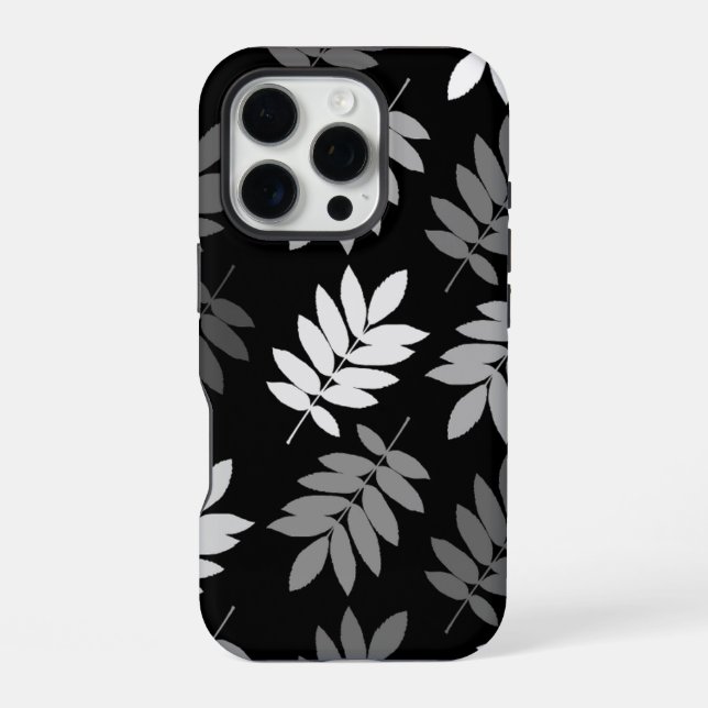 Coque iPhone Feuille aînée grand motif noir blanc gris (Verso)
