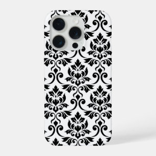 Coque iPhone 15 Pro Feuille Damask Lg Motif noir sur blanc