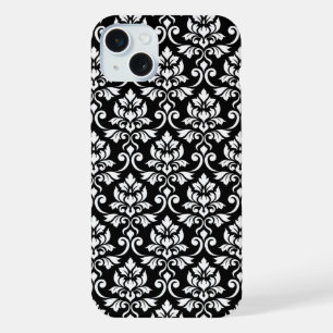 Coque iPhone 15 Plus Feuille Damask Patte blanc sur noir