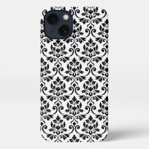 Etui iPhone 13 Feuille Damask Patte noir sur blanc