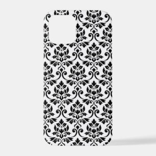 Coque iPhone 12 Pro Feuille Damask Patte noir sur blanc