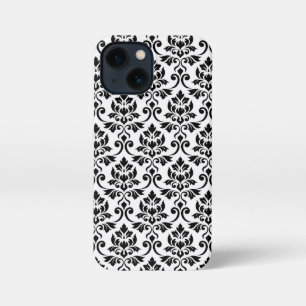 Etui iPhone 13 Mini Feuille Damask Patte noir sur blanc