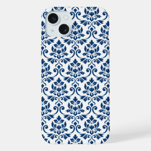 Coque iPhone 15 Plus Feuille Damask Pattern bleu foncé sur blanc