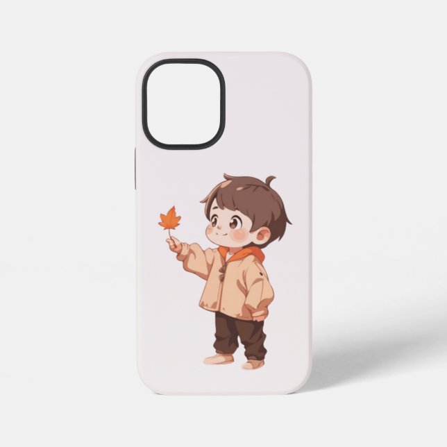 Coque iPhone Feuille d'automne tenue par un petit garçon mignon (Verso)