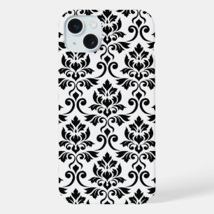 Coque iPhone 15 Plus Feuille de Damas grand motif noir sur blanc