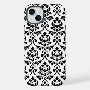 Coque iPhone 15 Plus Feuille de Damas grand motif noir sur blanc