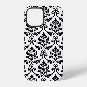 Coque iPhone 12 Feuille de Damas grand motif noir sur blanc