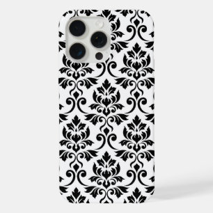 Coque iPhone 15 Pro Max Feuille de Damas grand motif noir sur blanc