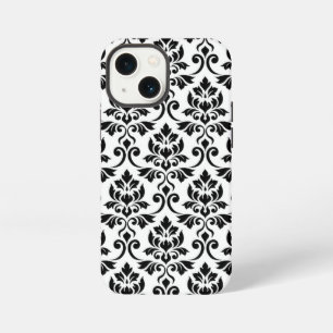 Etui iPhone 13 Mini Feuille de Damas grand motif noir sur blanc