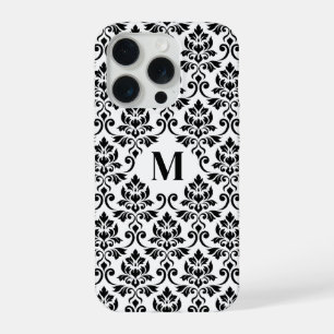 Coque iPhone 15 Pro Feuille de Damas motif noir (sur mesure)