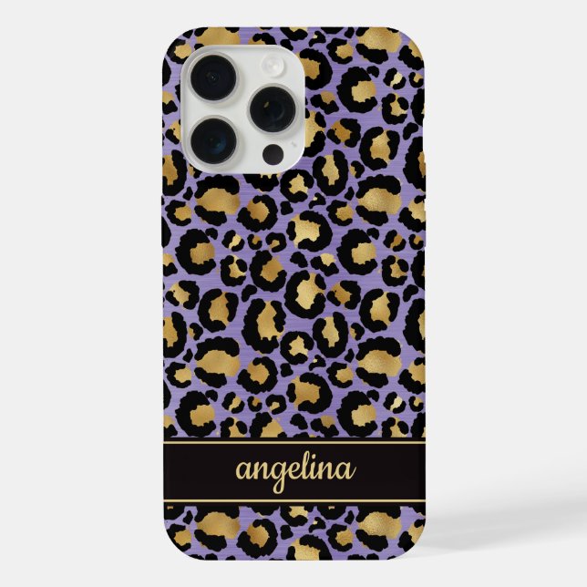 Coque iPhone Feuille d'Or sur Imprimé Léopard Violet Monogrammé (Verso)
